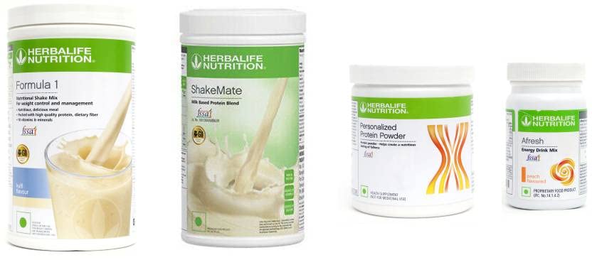 Her-balife Well-ness Nutrition Combo – Formula 1 Kulfi 500g, Protein 200g, Afresh Peach 50g, Shakemate 500g (Pack of 4) image 1