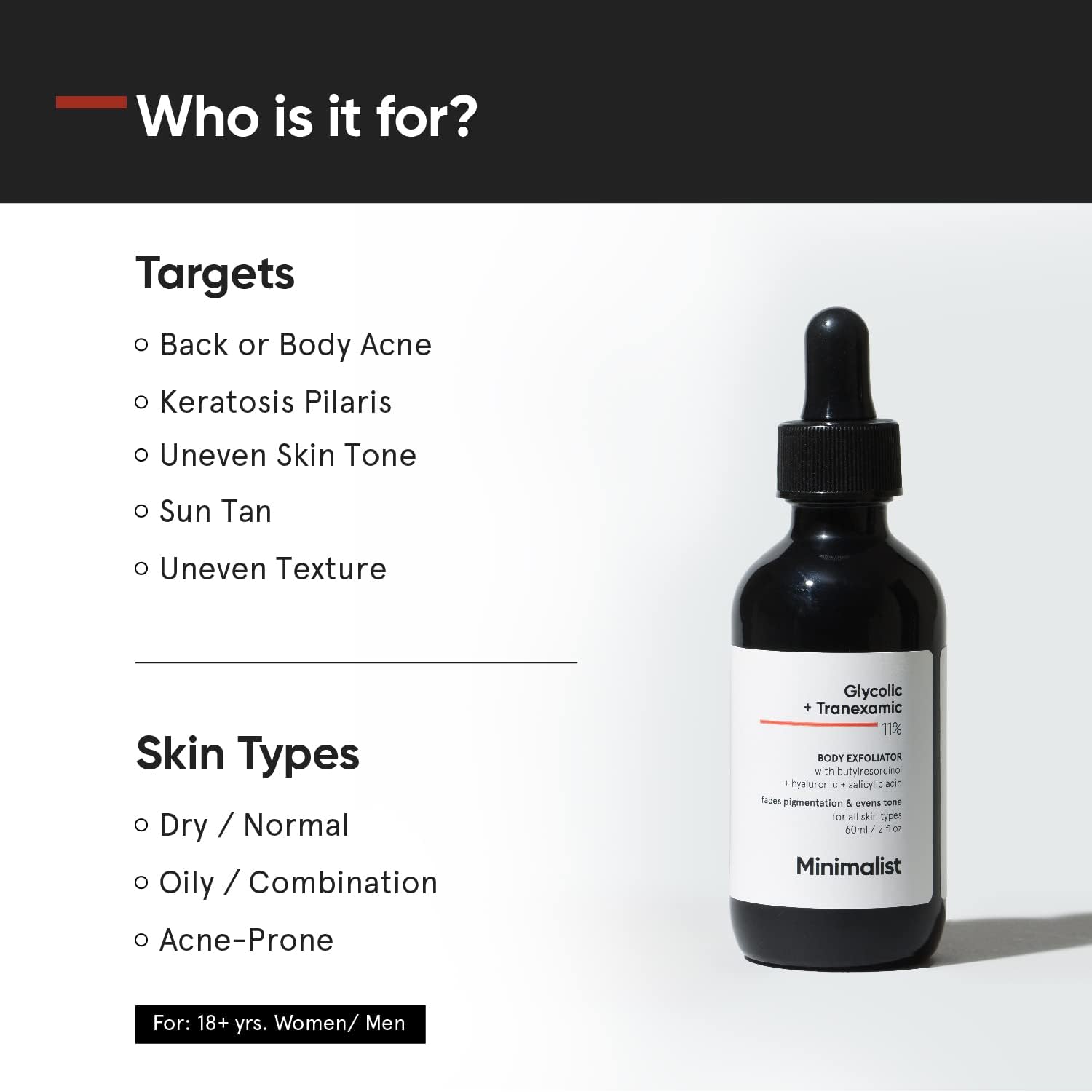 Minimalist 11% Glycolic acid & Tranexamic acid, AHA BHA Body Exfoliator | Gently Exfoliates Body | Brightens & Smoothens Skin | Reduces Back Acne & Keratosis Pillaris | For Men & Women | 60 ml image 3
