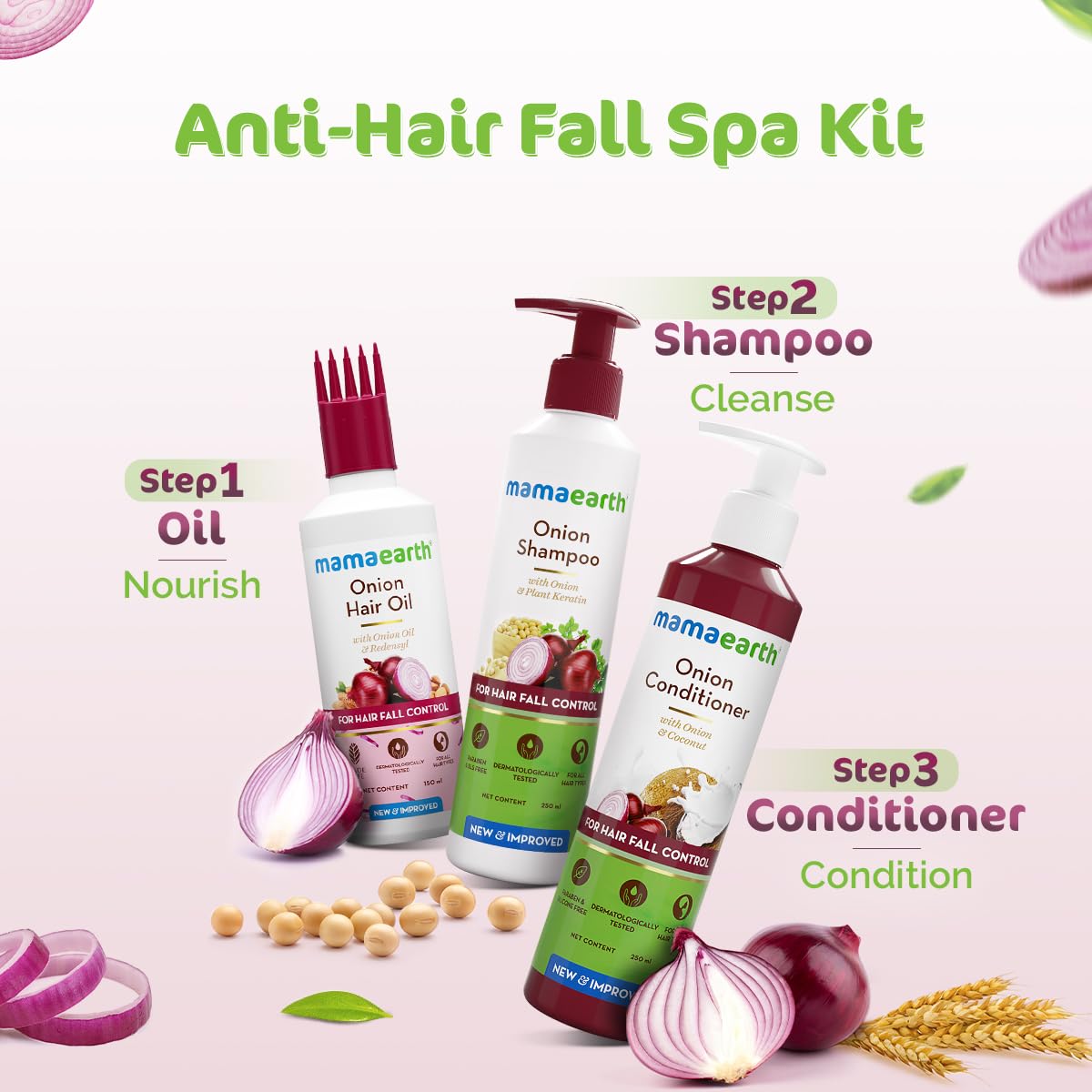 Mamaearth Anti Hair Fall Spa Range Hair Care Set: Onion Shampoo 250 ml + Onion Conditioner 250 ml + Onion Hair Oil 150 ml image 3