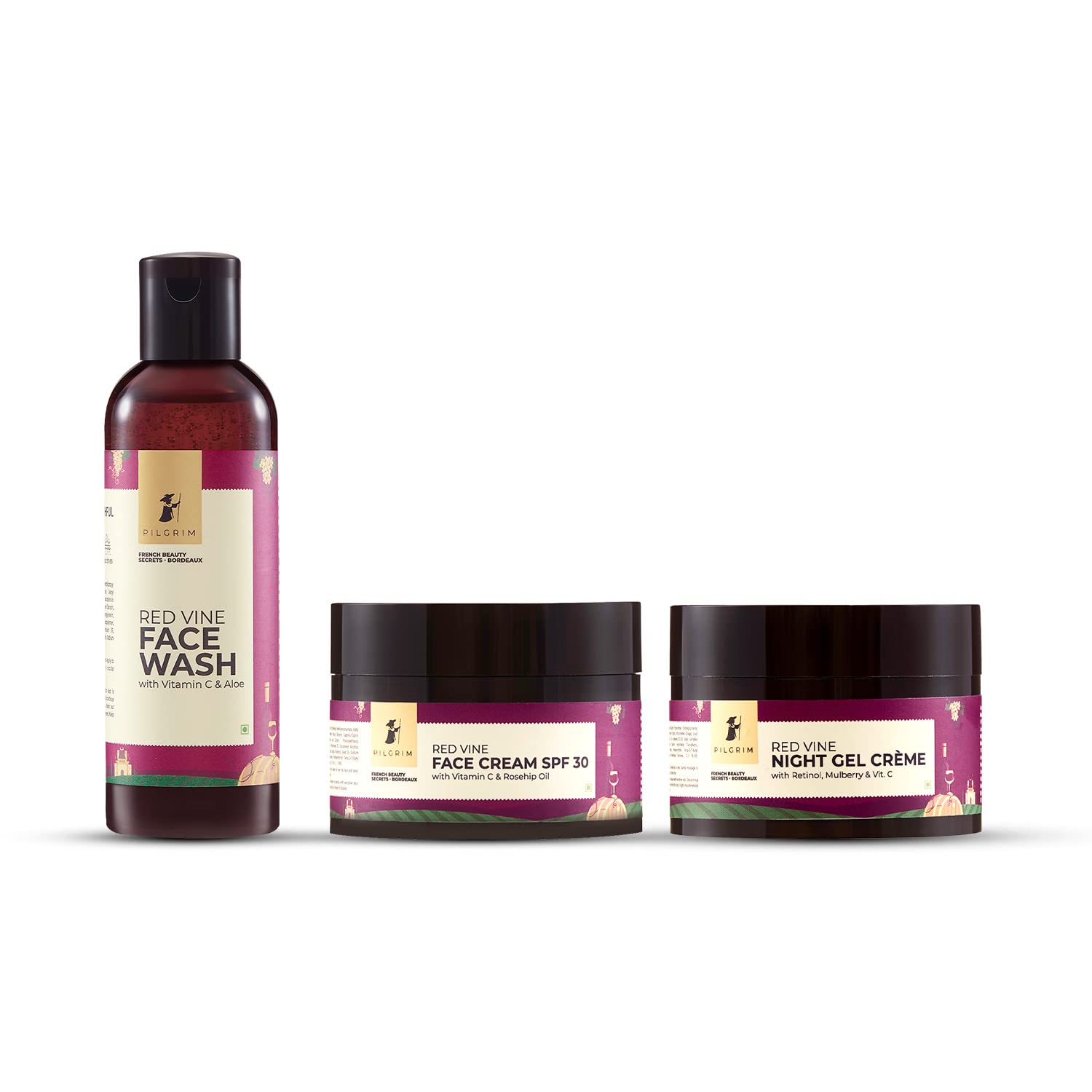 PILGRIM French Red Vine  Face Wash 100ml, Face Cream SPF 30 50gm, & Night Gel Creme 50gm image 1