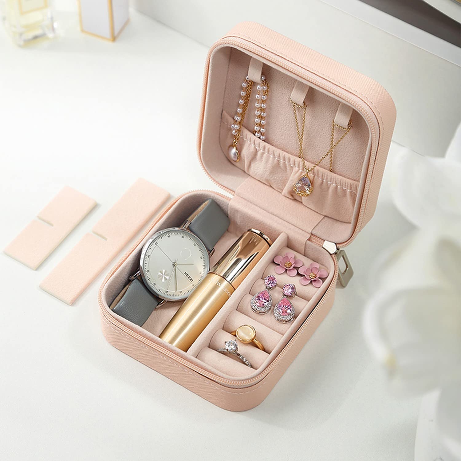 YouBella Jewellery Set of 2 Combo Organiser PU Leather Zipper Portable Storage Box (Pink & Black) image 8