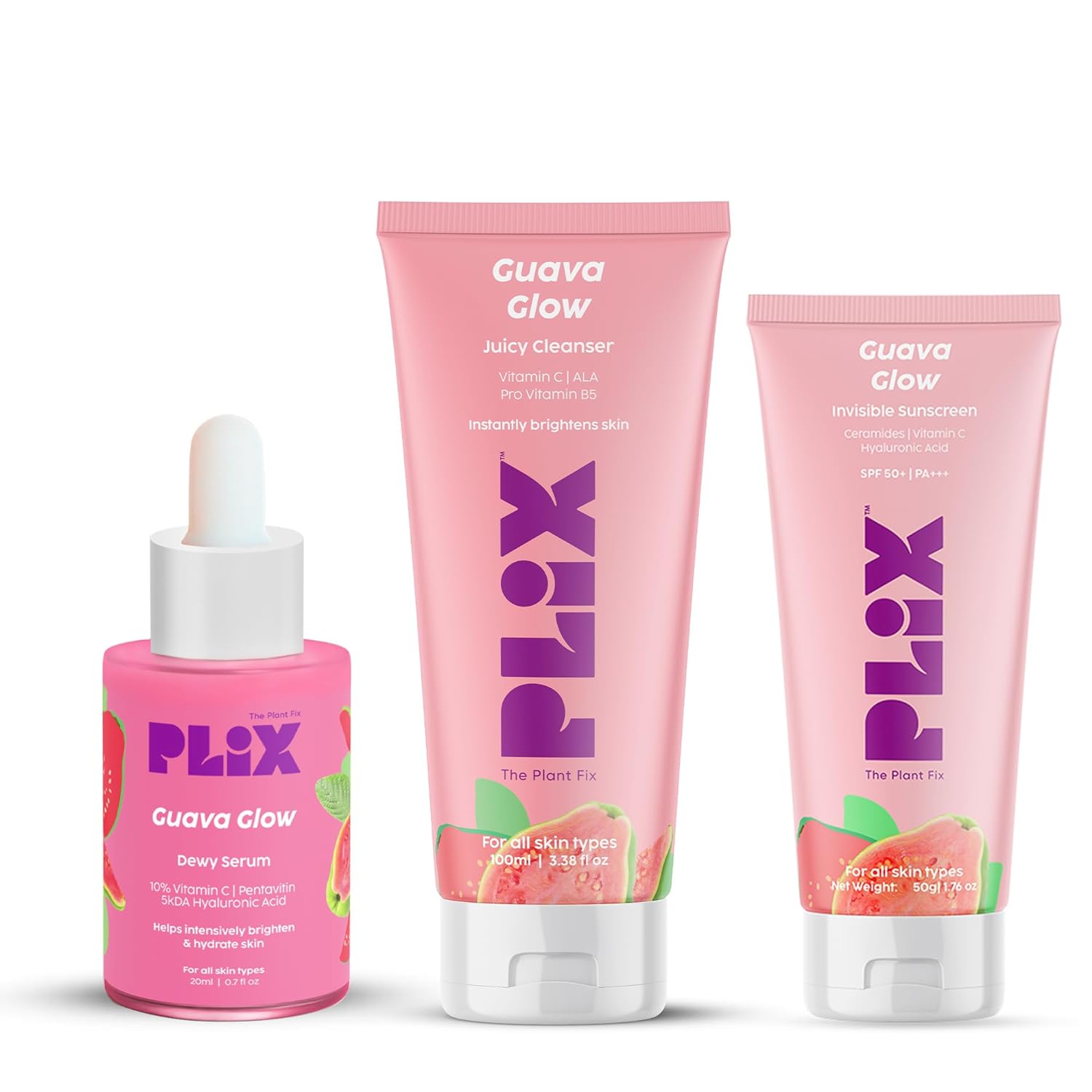 PLIX  Face Serum-20ml, Cleanser-100ml& Zero White Cast Sunscreen -50g image 1