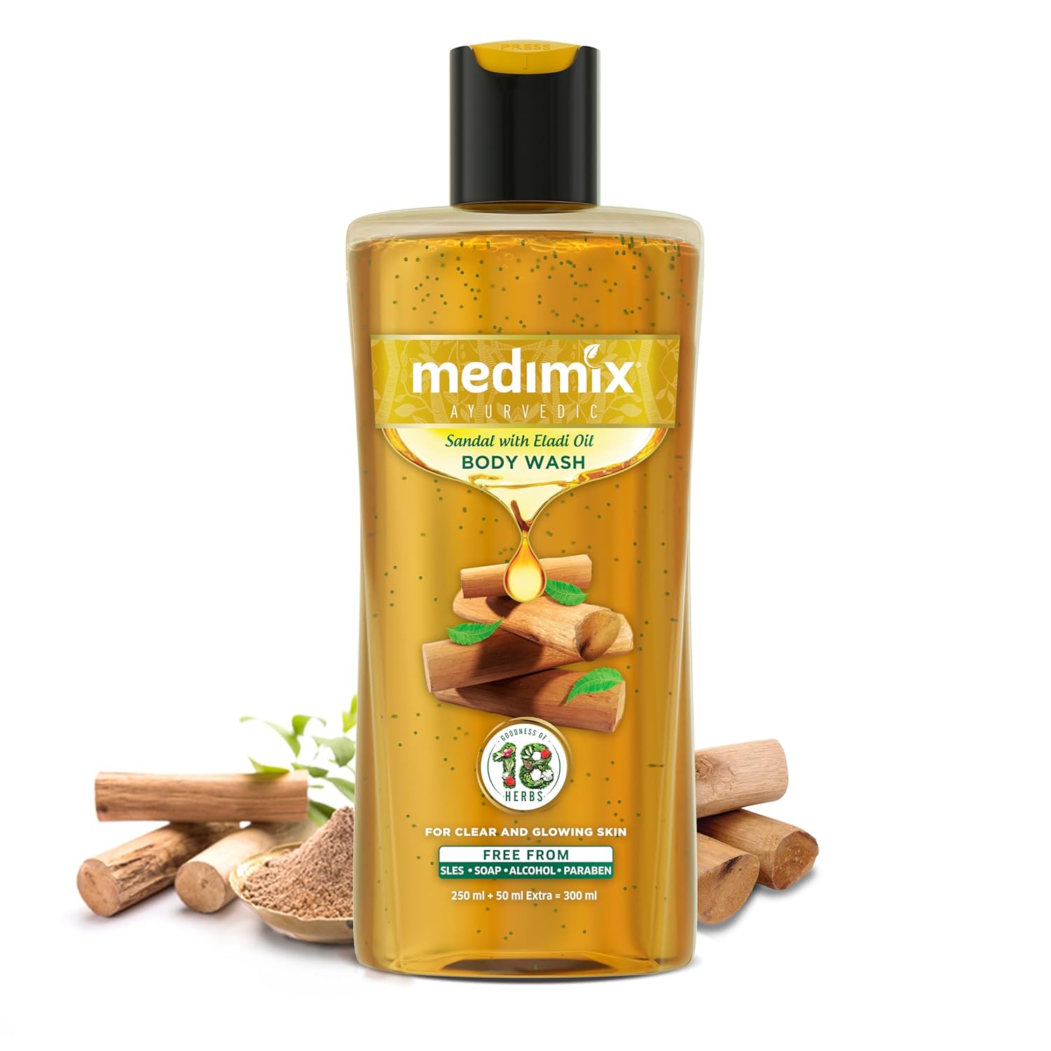 Medimix Ayurvedic Body wash, Sandal With Eladi Oil Clear, Glowing And Tan-Free Skin 250ml + 50ml Shower Gel image 1