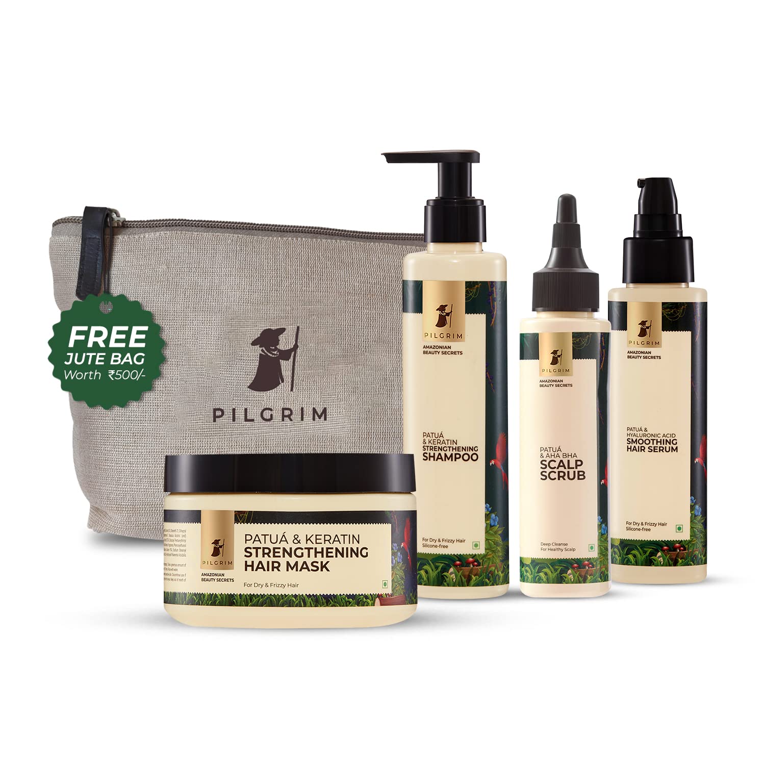 Pilgrim Amazonian Patuá Hair  FREE JUTE BAG  Shampoo (200 ml) + Patuá & AHA BHA Scalp Scrub (100 ml) + Patuá Hair Mask (200 gm) + Patuá Hair Serum (100 ml). image 1