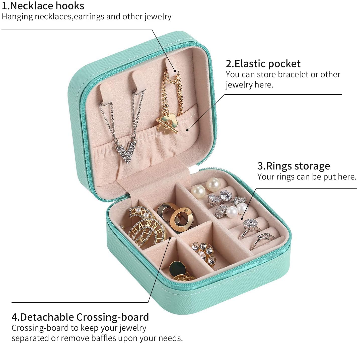 YouBella Jewellery Set of 2 Combo Organiser PU Leather Zipper Portable Storage Box (Pink & Black) image 11