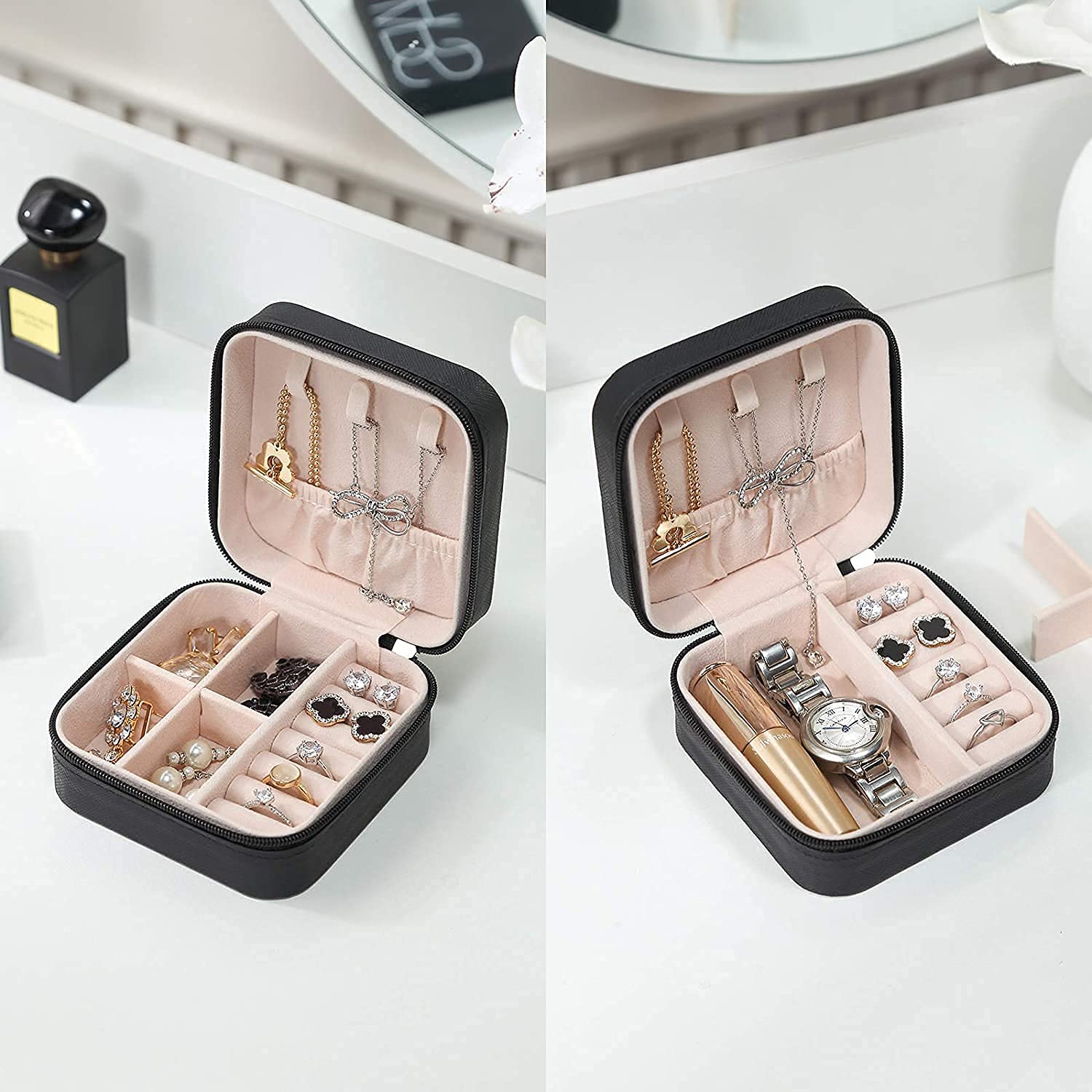 YouBella Jewellery Set of 2 Combo Organiser PU Leather Zipper Portable Storage Box (Pink & Black) image 6
