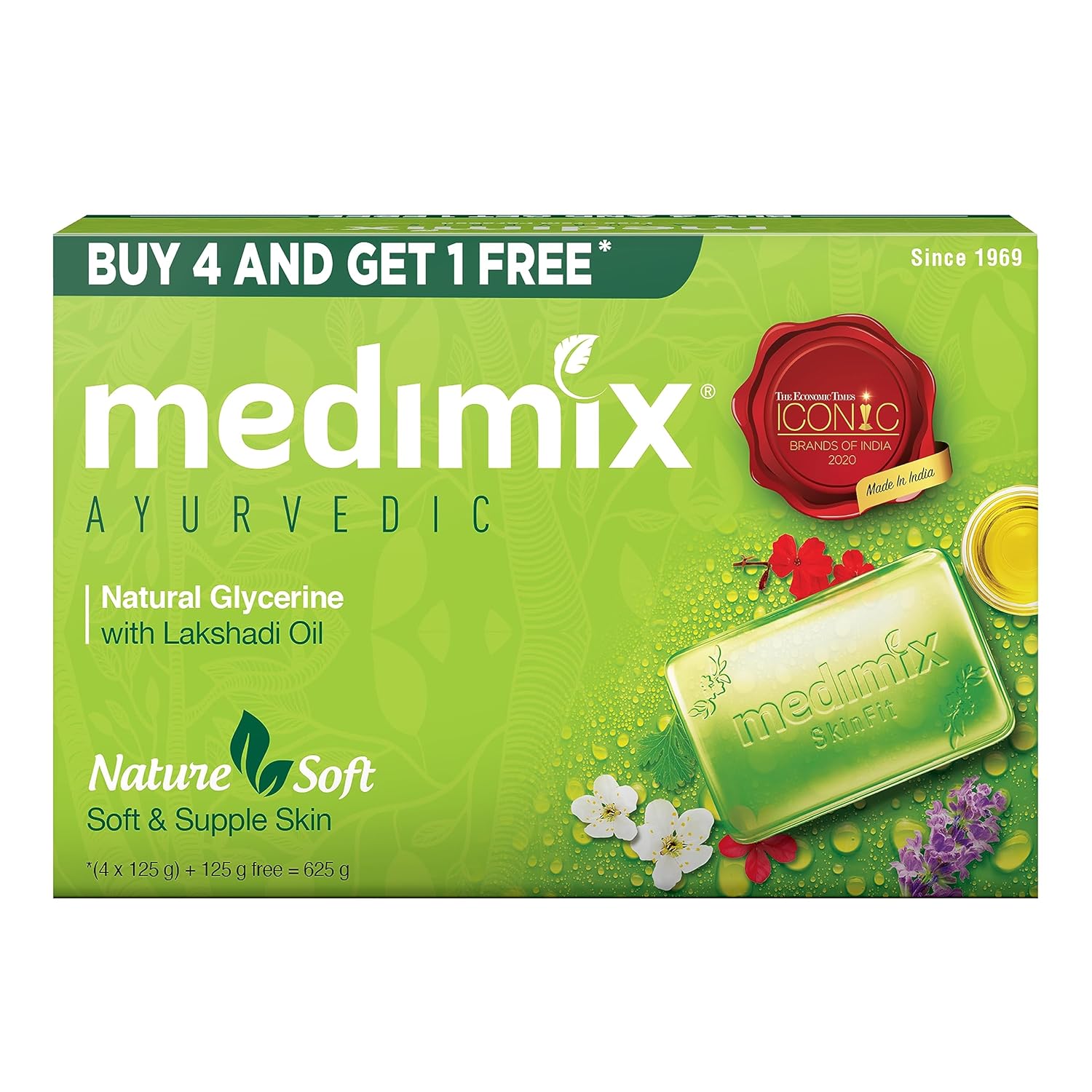 Medcimix Ayurvedic Natural Glycerine Bathing Bar, 125 g (4 + 1 Offer Pack) image 1
