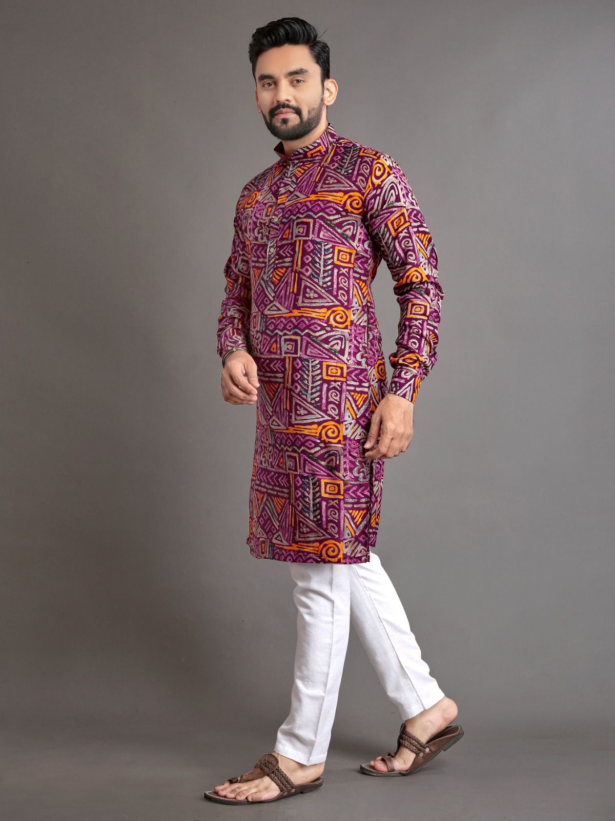 Premium Soft Cotton Foil Print Men Kurta image 4