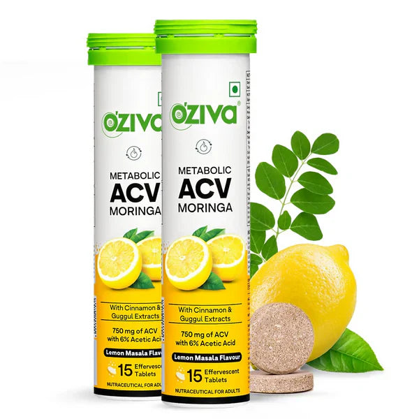 OZiva Metabolic ACV Moringa Effervescent Lemon Masala Flavor - 15 Tablets - Pack of 2 image 1