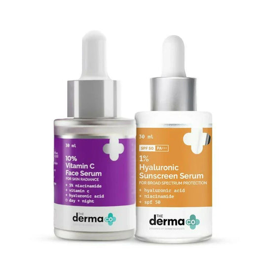 The Derma Co Hello Glowing Skin -combo (10% Vitamin C Face Serum:-30 ml 1 % Hyaluronic Sunscreen Serum:- 30 ml) image 1