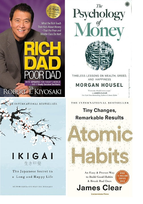 4 Book Set Rich Dad Poor Dad, The Psychology of Money, Atomic Habits+ Ikigai PB image 1