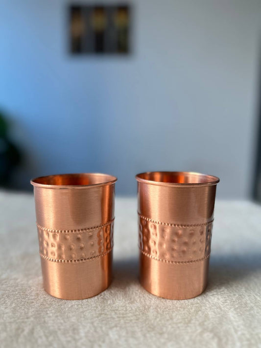 Half Hammer And Half Plain Copper Water Glass - 300 ml - Pack of 2 image 1